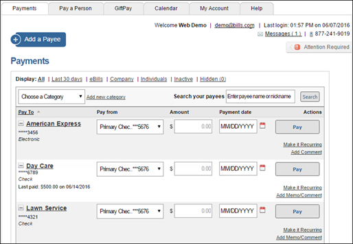 Image showing the FNB I Pay Bill Pay dashboard. 